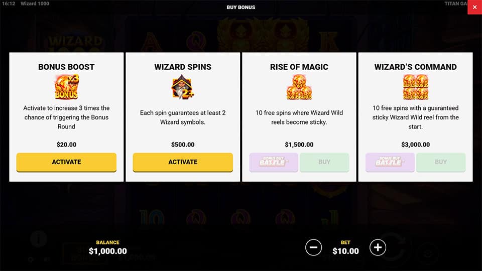 Bonus buy menu displaying multiple feature choices, including Bonus Boost, Wizard Spins, Rise of Magicand Wizard’s Command options.