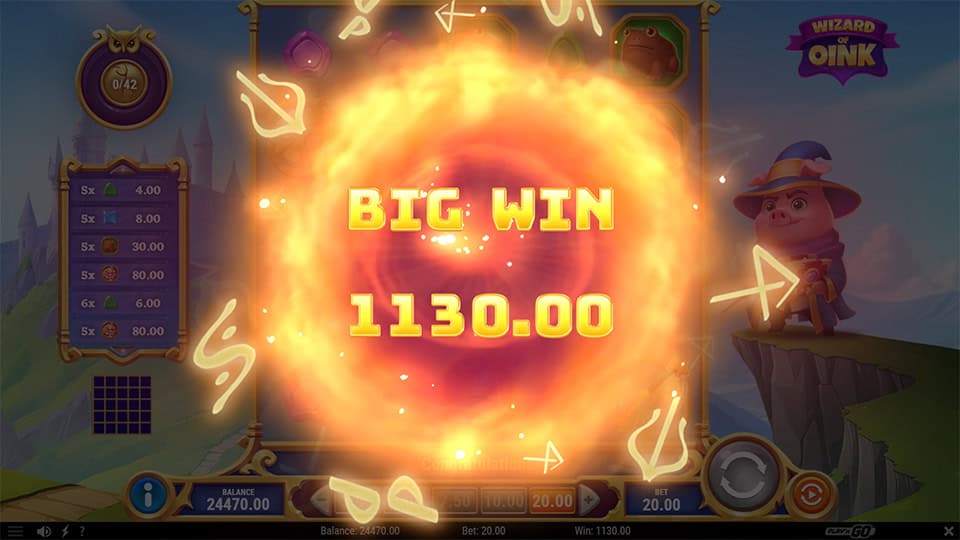 Fiery magical explosion with “Big Win” text in golden letters, surrounded by glowing runes and spell effects.