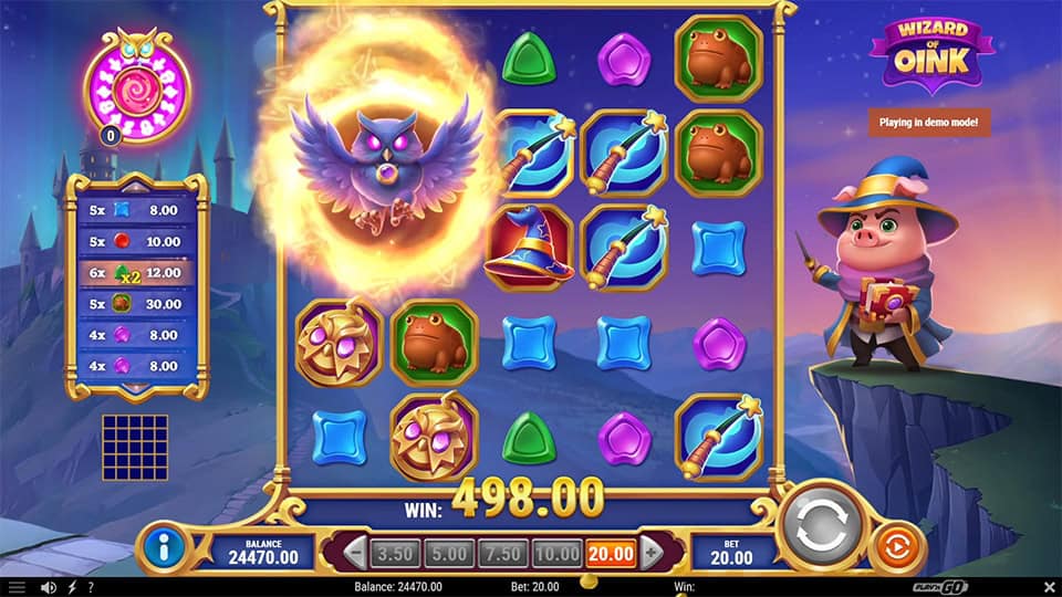 Gameplay with a large glowing purple owl wild symbol expanding across the reels, triggering big potential wins.