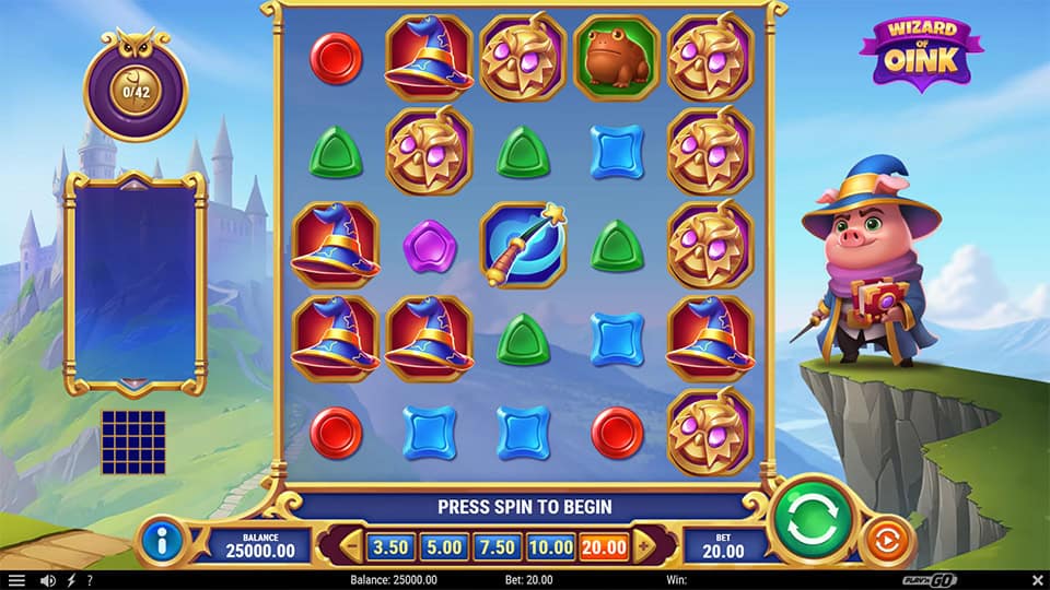 Main game screen showing reels with wizard hats, magic wands, potion bottles and gemstone symbols, with the wizard pig standing on a cliff.