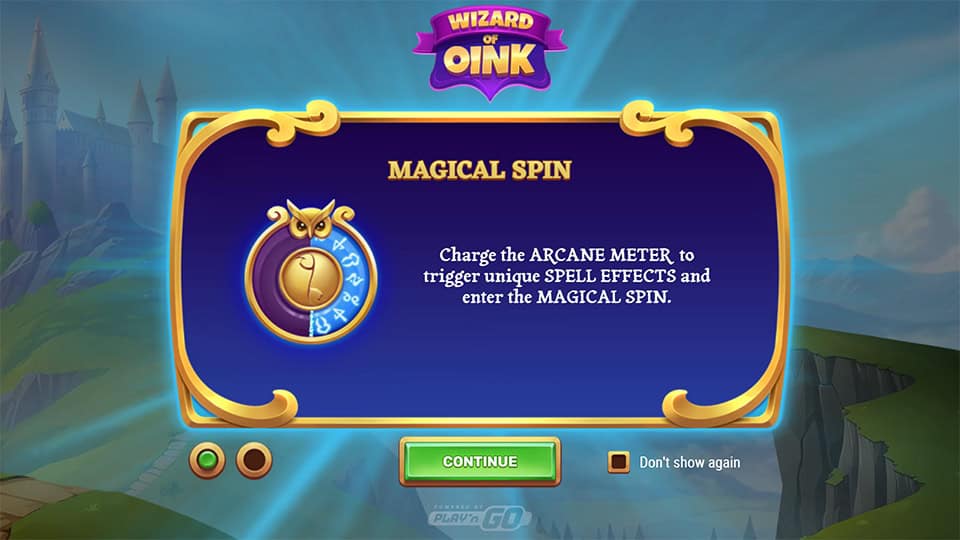 Intro screen explaining the Magical Spin feature, with an arcane meter and golden owl icon.