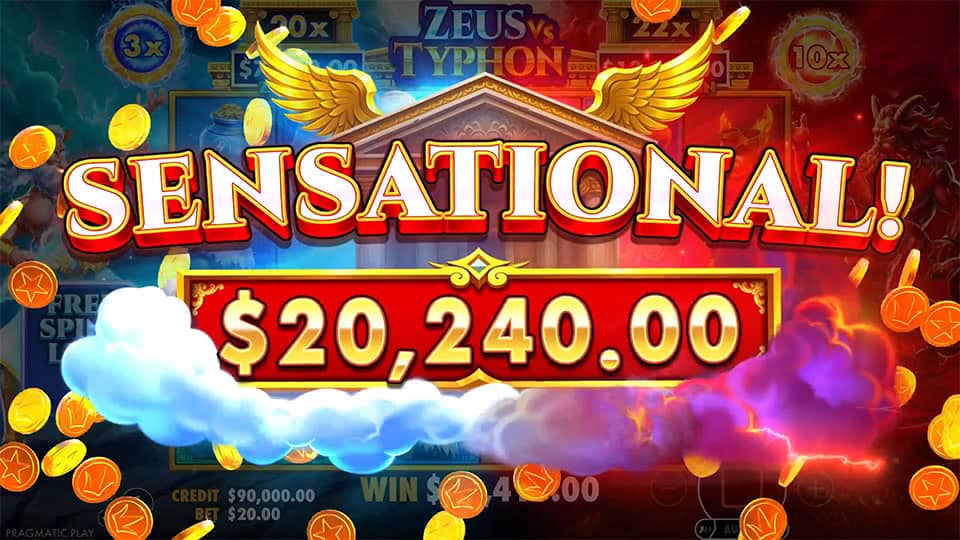 Sensational win banner with golden coins flying over winged temple and colorful cloud burst.