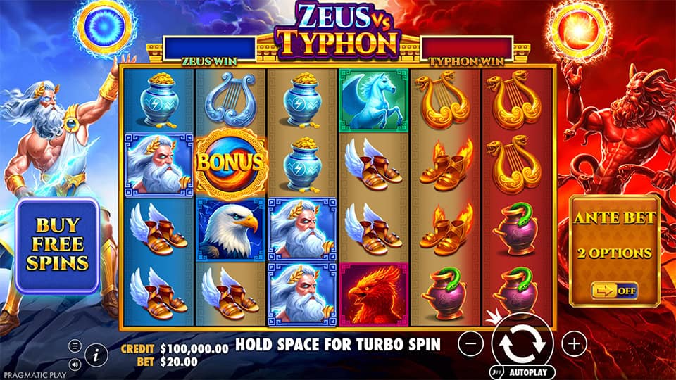 Reels packed with Zeus, Typhon, eagles, sandals, jars, and bonus scatter symbol in a split elemental theme.