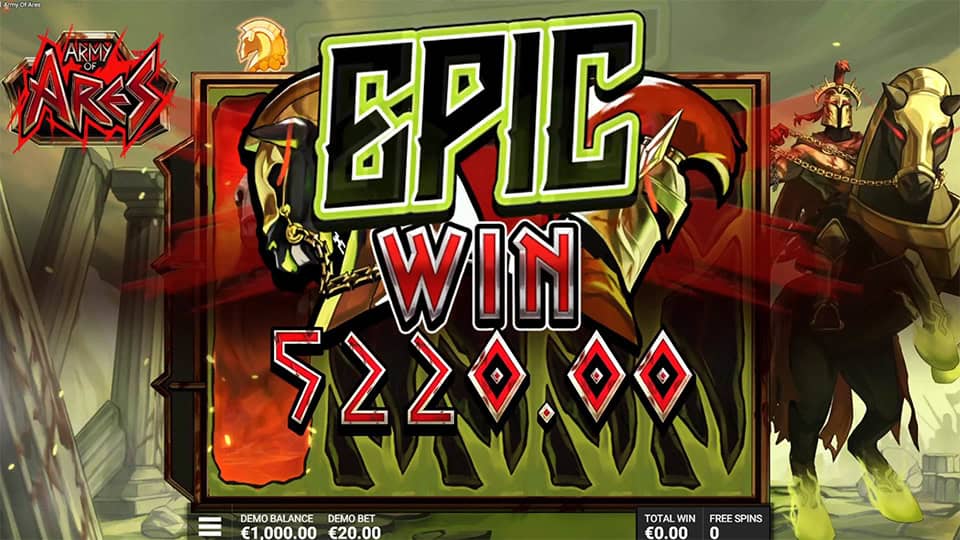 Army of Ares slot Epic Win screen with a massive payout display, showing an armored horse and Ares on horseback.