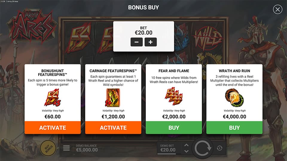 Army of Ares slot bonus buy menu with four options: Bonushunt, Carnage, Fear and Flame, and Wrath and Ruin.