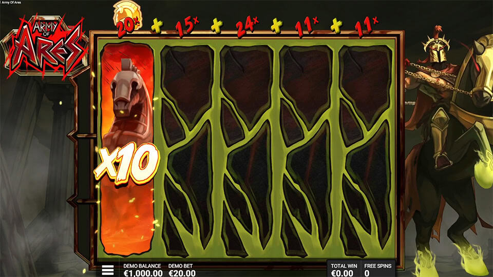 Army of Ares slot Wrath Reel feature showing reel multipliers increasing in value beside a glowing Spartan horse.