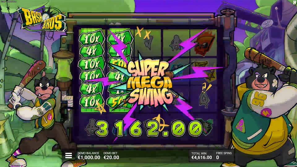 Big win screen showing “Super Mega Swing” in purple comic text with multipliers stacked on the reels and the two Bash Bros characters on each side.