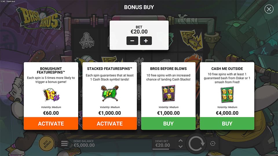 Bonus buy menu with multiple feature options, including Bonus Hunt, Stacked FeatureSpins, Bros Before Blows and Cash Me Outside.