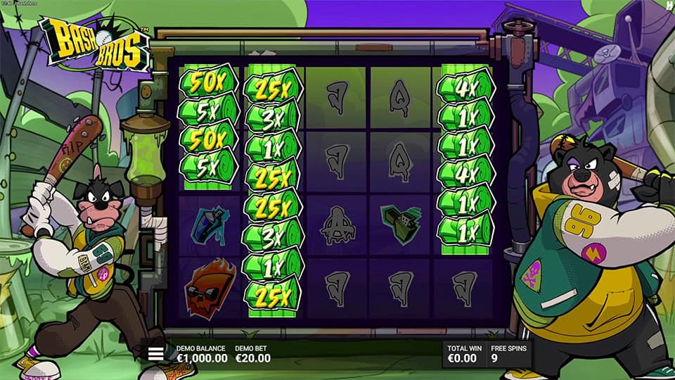 Gameplay showing the Bash Bros on each side of the reels with large green cash stacks landing, revealing multipliers and bashing animations.