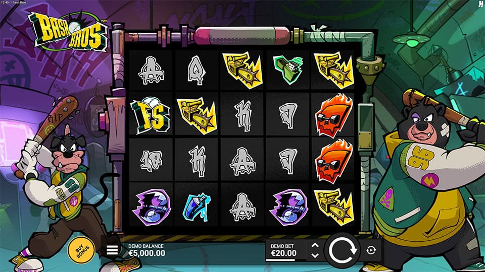 Main game screen with graffiti-style background, cartoon bear and cat holding baseball bats and reels filled with wild graffiti-styled symbols.