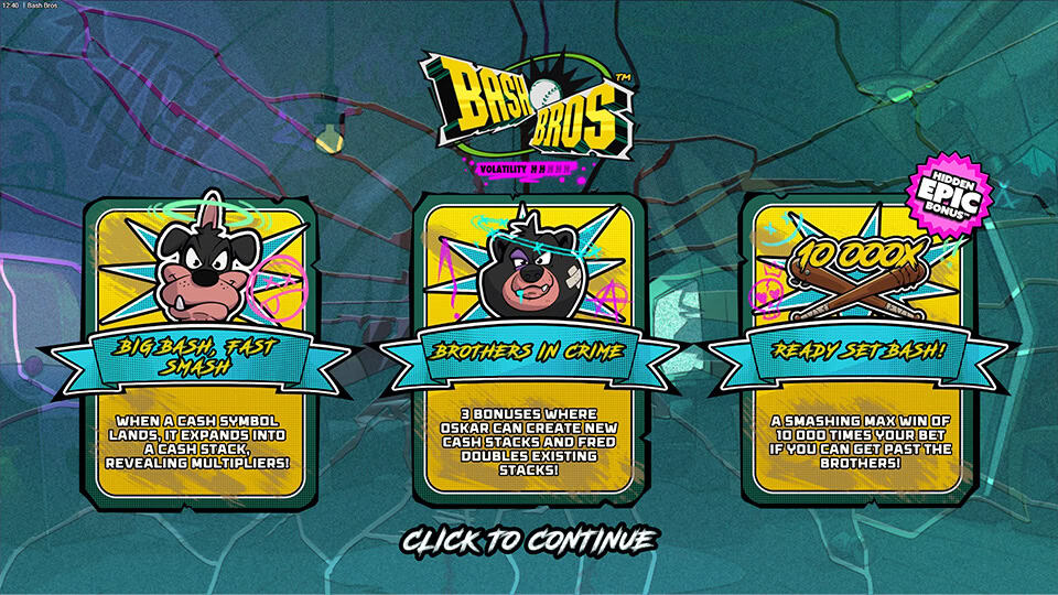 Intro screen displaying the three main features: Big Bash Fast Smash, Brothers in Crime and the max win potential, all in a neon comic layout.