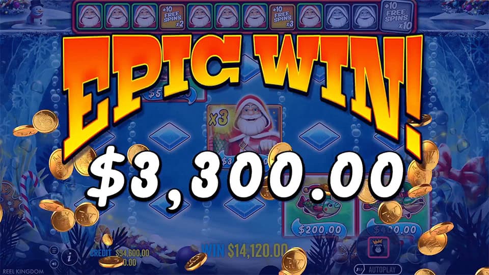 Epic Win banner with golden coins flying and festive Santa holding a big multiplier symbol.