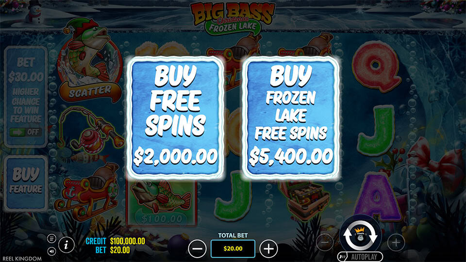 Buy feature menu with options for Free Spins and Frozen Lake Free Spins displayed on icy panels.
