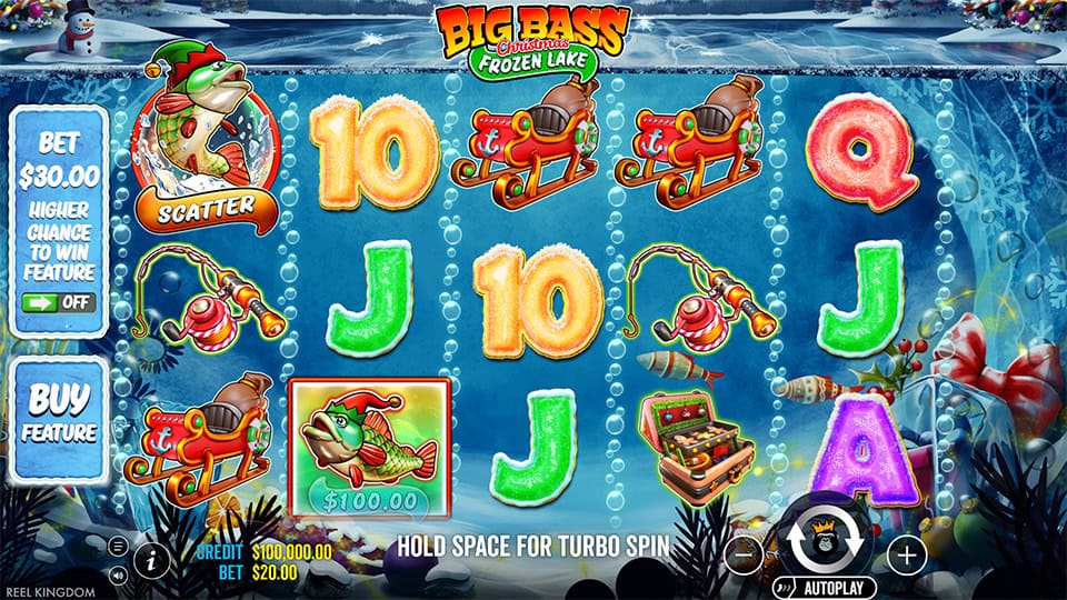 Reels set under icy water with sleighs, fishing rods, gift boxes and scatter fish symbols.