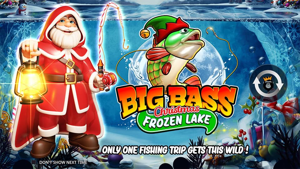 Big Bass Christmas Frozen Lake intro with Santa holding a lantern and fishing rod next to the festive fish.