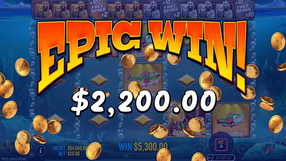 Big Bass and the Gold Ness Monster epic win banner with golden coins flying.