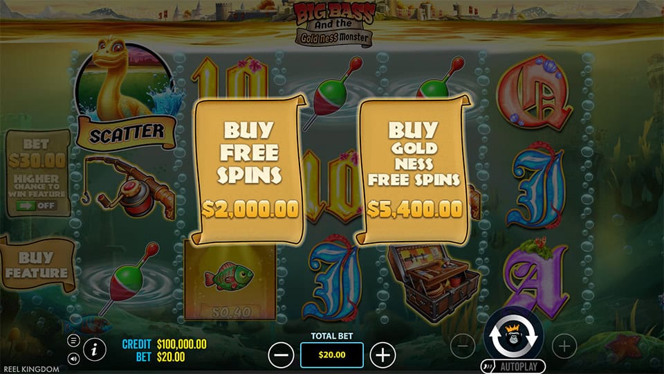 Big Bass and the Gold Ness Monster buy menu offering free spins and golden spins.