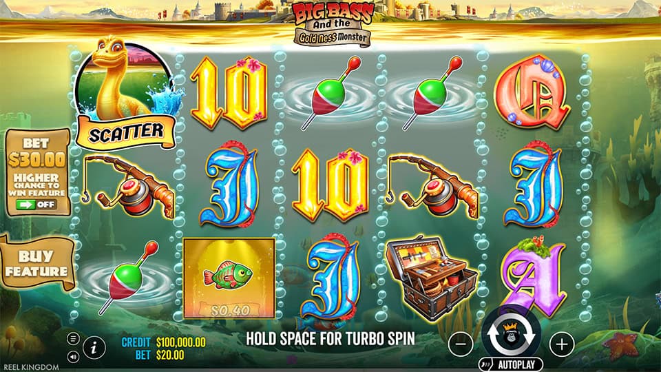 Big Bass and the Gold Ness Monster reels with fish, floats, rods and treasure chest.