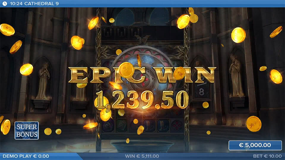 Cathedral 9 slot epic win screen with golden text, flying coins and cathedral reels glowing in the background.