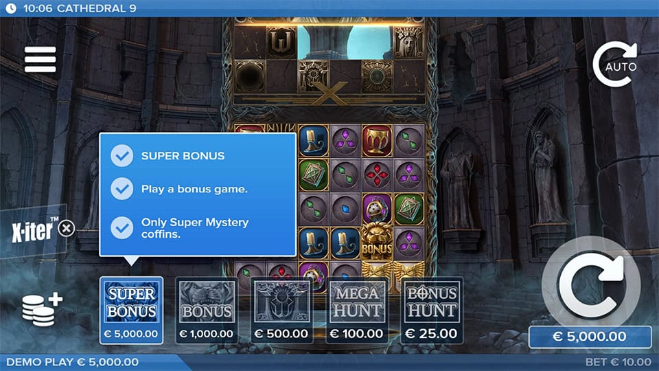 Cathedral 9 slot X-iter menu with selectable bonus buy options including Super Bonus and Mystery Coffins feature.
