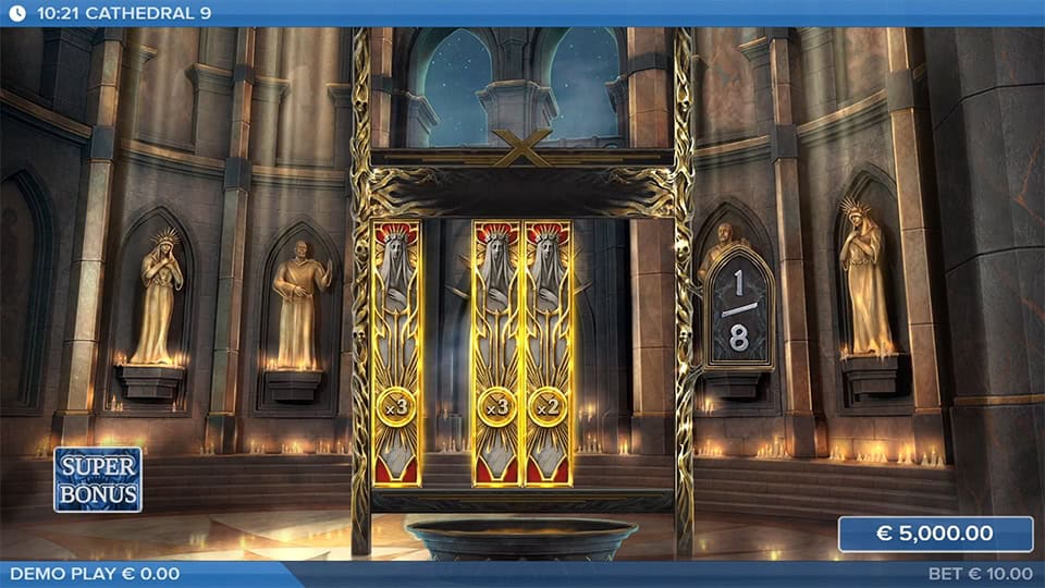 Cathedral 9 slot feature with golden coffin reels revealing multipliers inside a candle-lit gothic cathedral.
