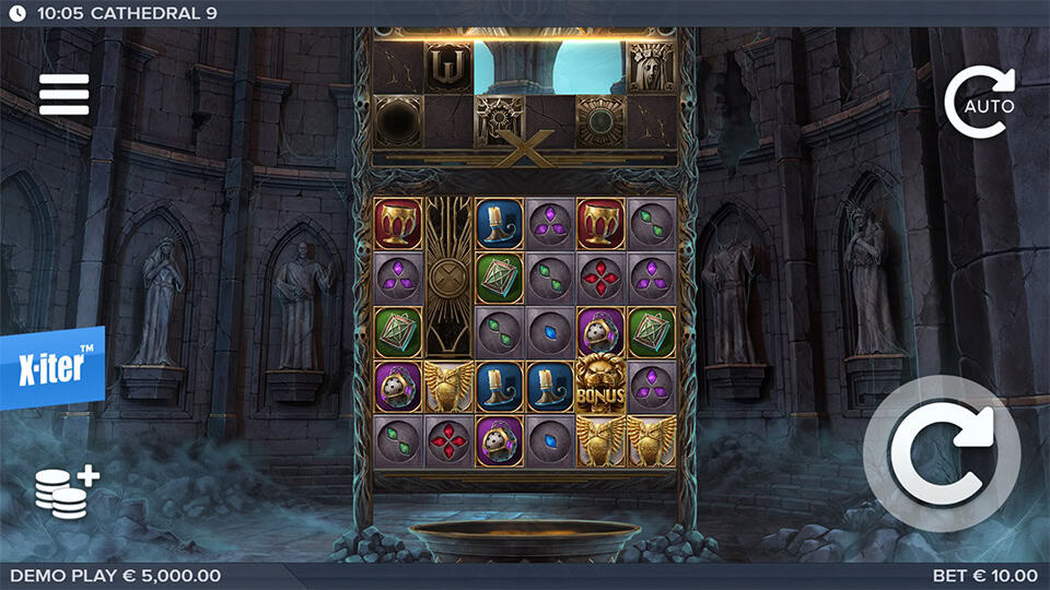 Cathedral 9 slot grid with gemstone symbols, crowns, candles and bonus icons inside a dark cathedral setting.