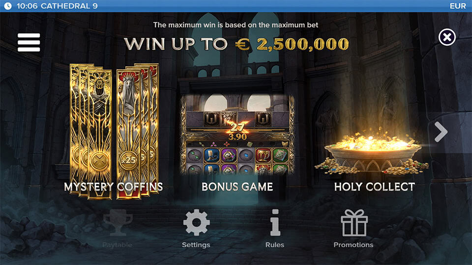 Cathedral 9 slot intro screen showing features like Mystery Coffins, Bonus Game, Holy Collect and max win details.
