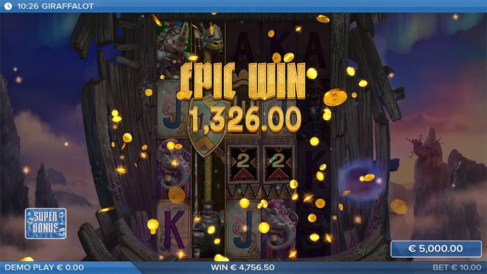 Giraffalot epic win screen with golden coins flying and glowing victory text.