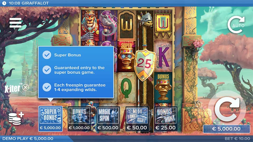 Giraffalot X-iter menu showing selectable bonus buy features and super bonus.