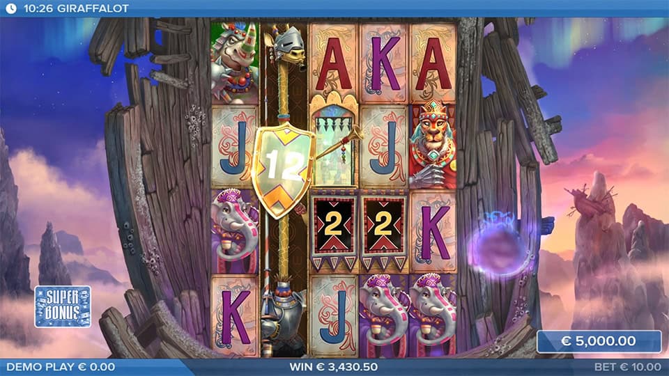 Giraffalot wild symbols feature with expanding shields and animal icons on reels.