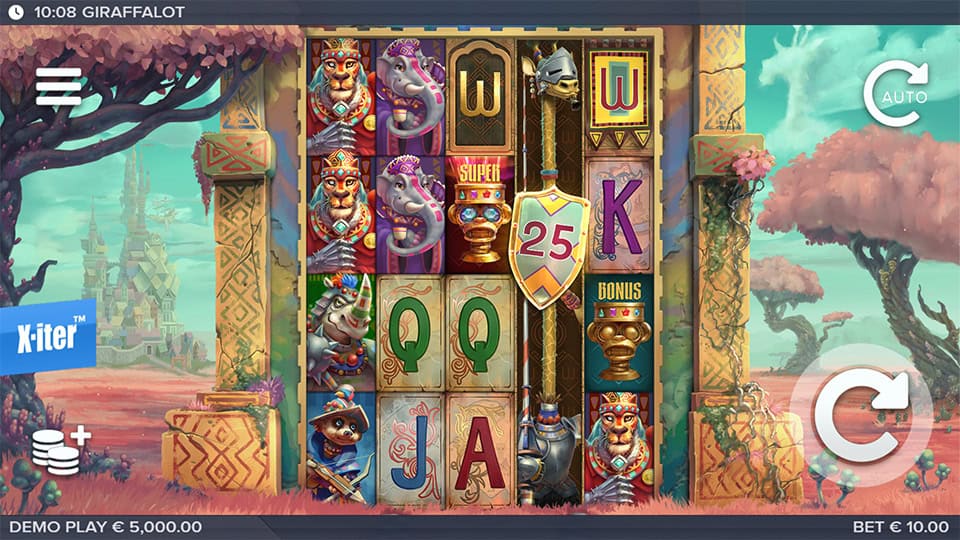 Giraffalot reels showing royal animals, elephants and shield multipliers in fantasy landscape.