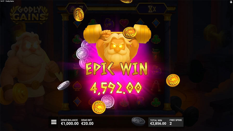 Godly Gains slot Epic Win screen showing Zeus lifting a golden dumbbell with coins flying around a big win amount.