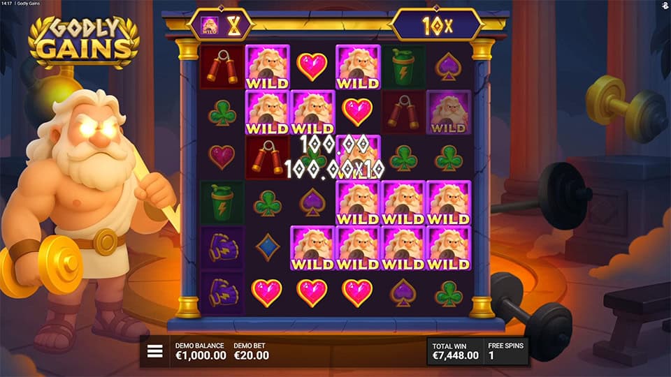 Godly Gains slot feature where multiple Zeus Wilds land on the grid, forming clusters during the God Mode activation.