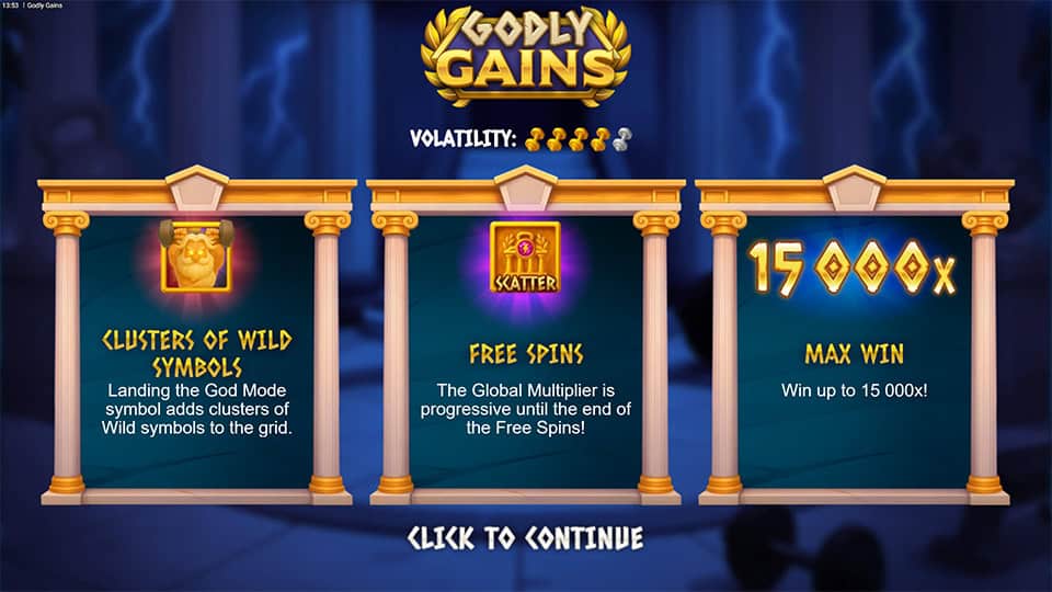 Godly Gains slot introduction panel highlighting Clusters of Wilds, Free Spins with Global Multiplier, and 15,000x max win.
