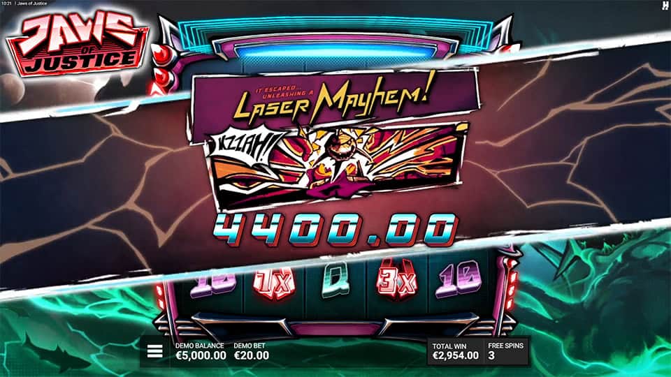 Laser Mayhem win screen in Jaws of Justice slot showing comic explosion panel and animated shark lasers.