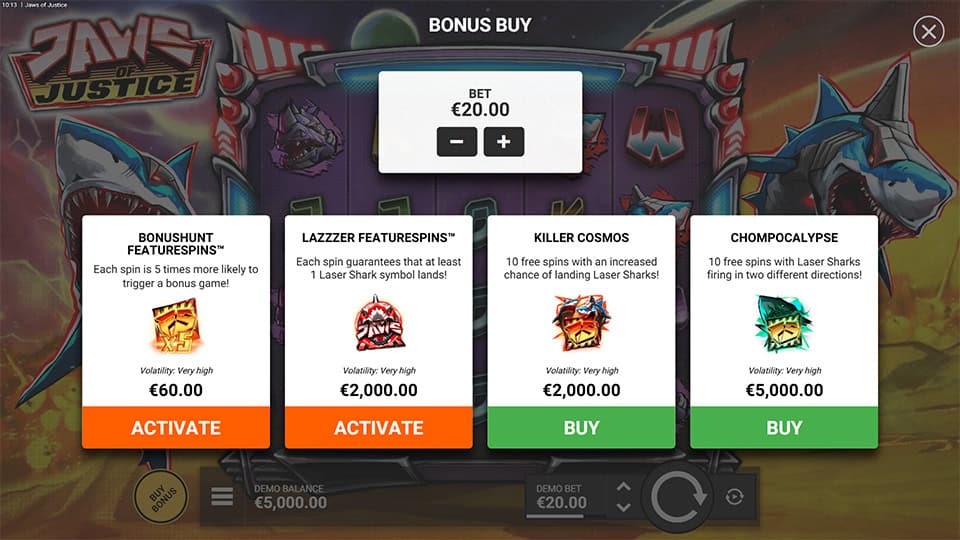 Jaws of Justice bonus buy menu offering FeatureSpins and enhanced Laser Shark options with different volatility levels.
