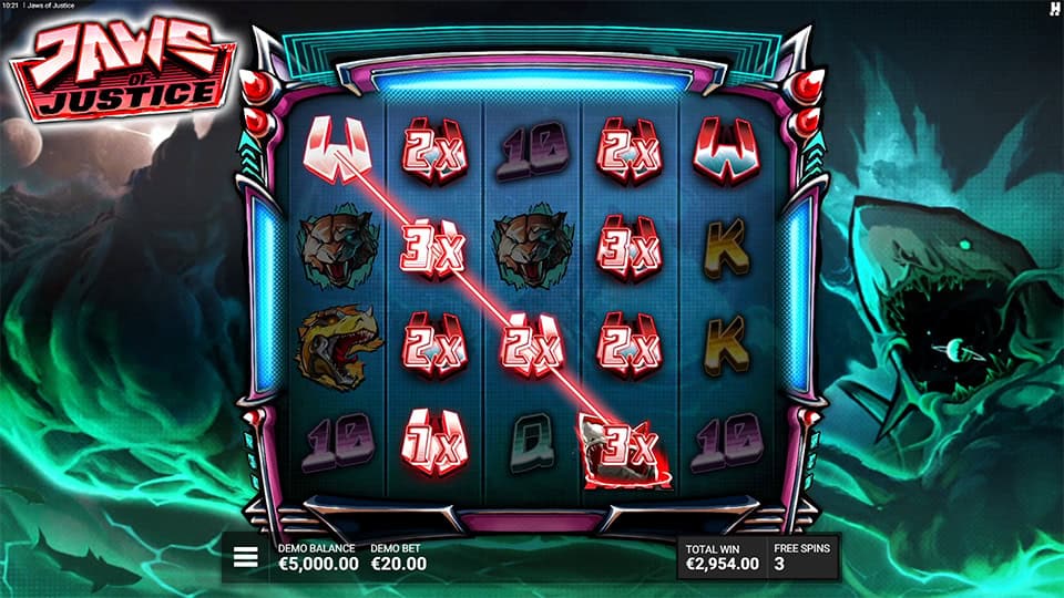 Jaws of Justice bonus round with Laser Shark firing beams across reels, bouncing off force fields to create wilds.