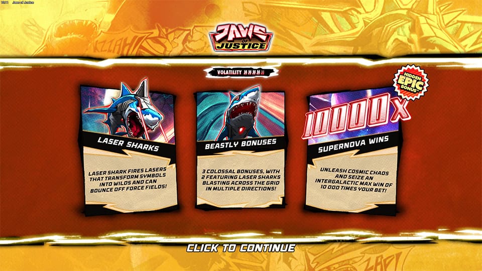 Jaws of Justice intro screen with feature cards explaining Laser Sharks, bonus rounds, and max win up to 10,000x.