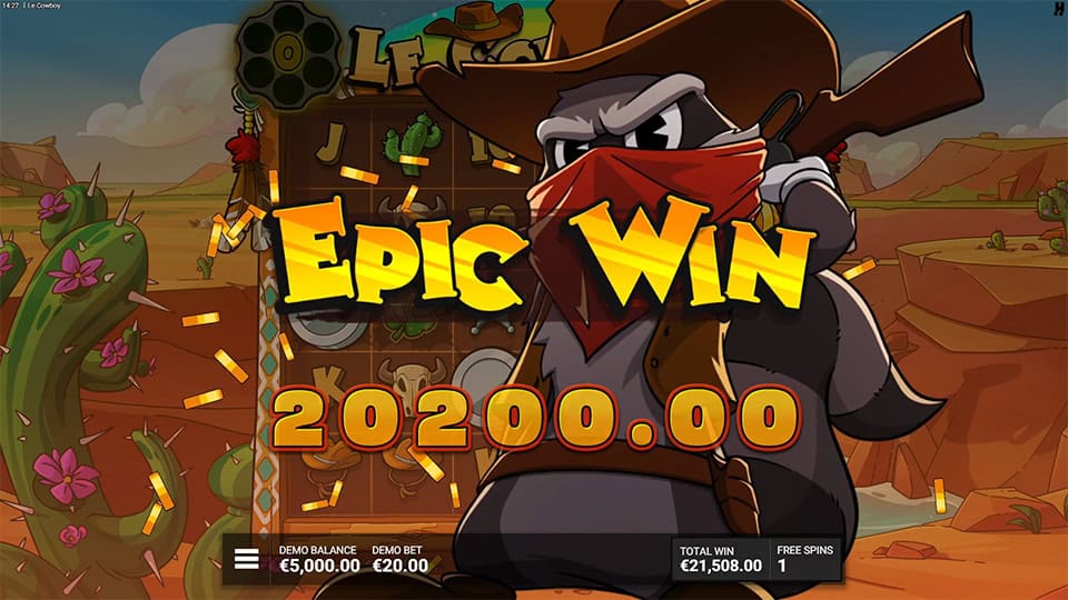 Le Cowboy slot epic win screen with masked raccoon bandit holding rifle in desert canyon setting.