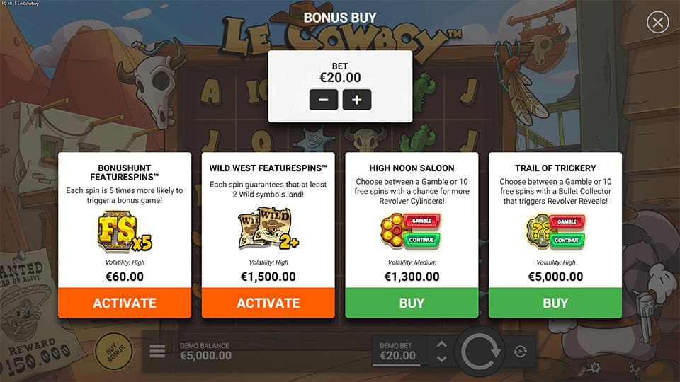 Le Cowboy slot bonus buy menu with options like Bonushunt, Wild West features, High Noon Saloon and Trail of Trickery.