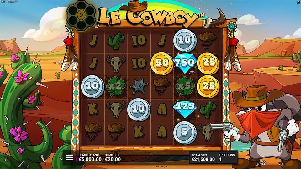 Le Cowboy slot reels with gold and diamond money symbols showing multipliers alongside outlaw raccoon character.