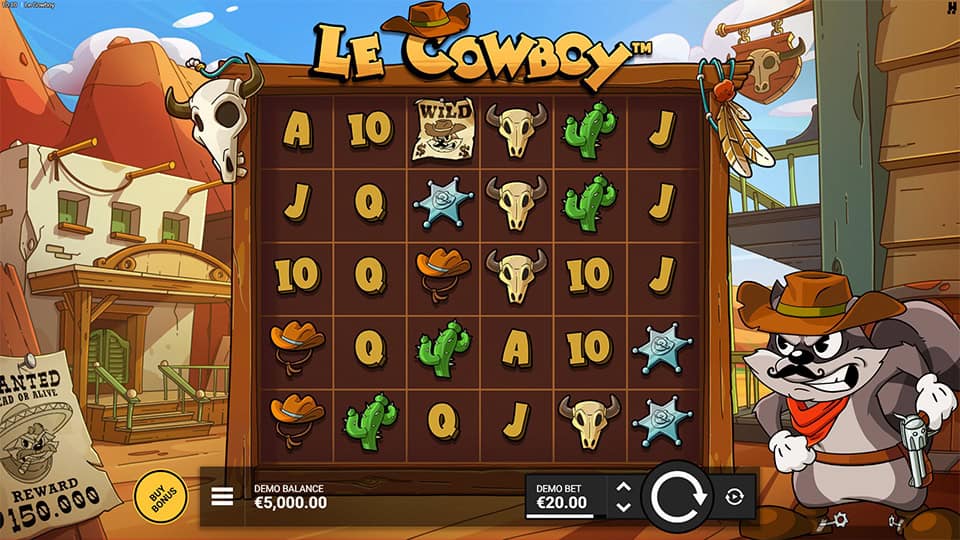 Le Cowboy slot reels with cowboy symbols, cacti, hats, skulls and sheriff badges, set in a Wild West town.
