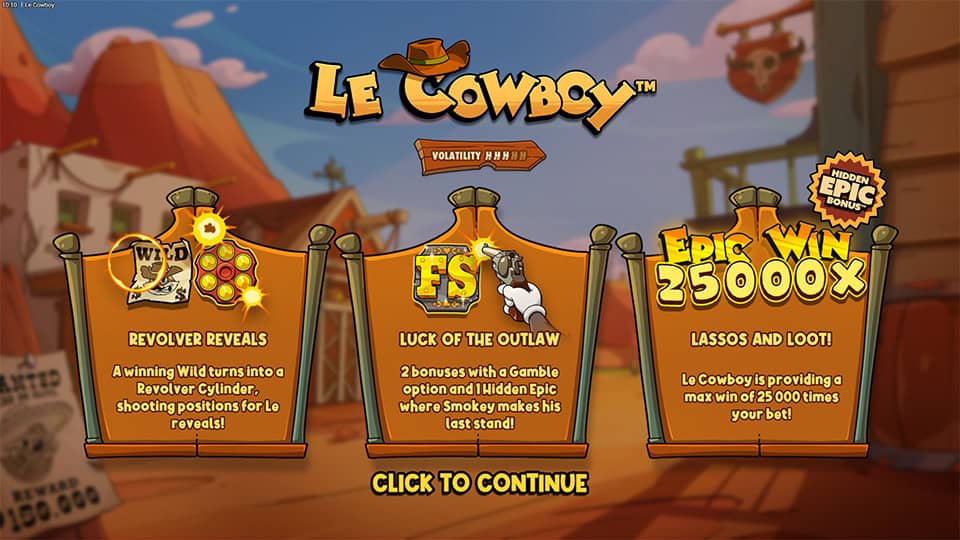 Le Cowboy slot intro screen featuring Revolver Reveals, Luck of the Outlaw free spins and max win up to 25,000x.