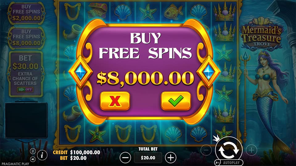 Bonus buy menu with a large purple panel offering Super Free Spins purchase highlighted in gold and blue details.