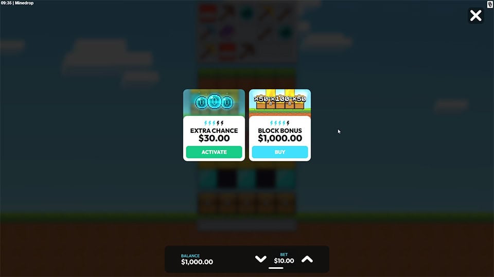 Minedrop slot bonus buy menu showing options for extra chances and block bonus features in pixelated game style.