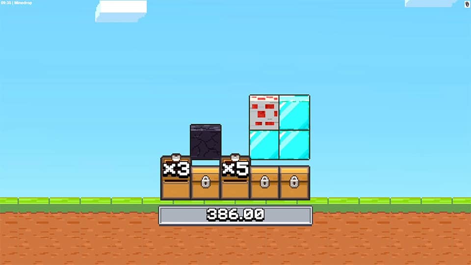 Minedrop slot chest feature with treasure boxes showing multipliers like x3 and x5 unlocking beneath stacked blocks.