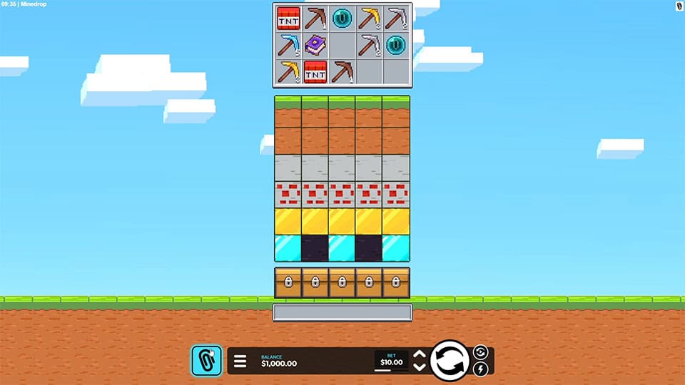Minedrop slot grid with pixelated blocks, ores, TNTand pickaxe symbols stacked over treasure chests at the bottom.
