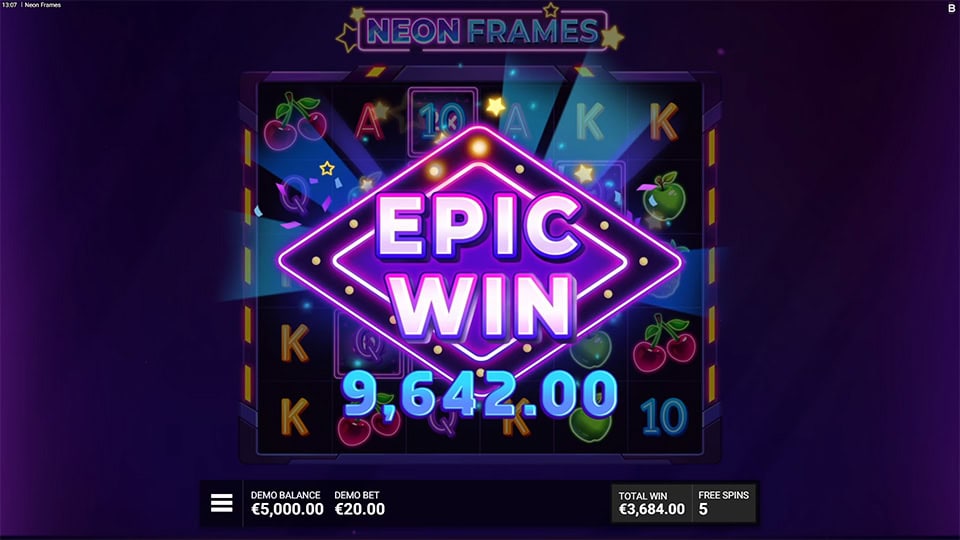 Epic Win sign in glowing neon over dimmed reels packed with fruit and letter symbols.