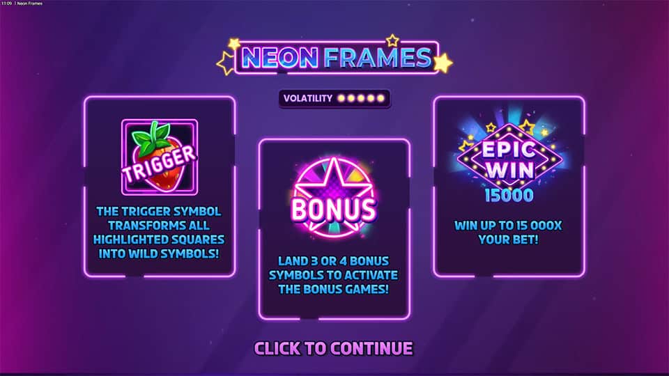 Neon Frames intro highlighting Trigger symbol, bonus feature, and max win up to 15,000x your bet.