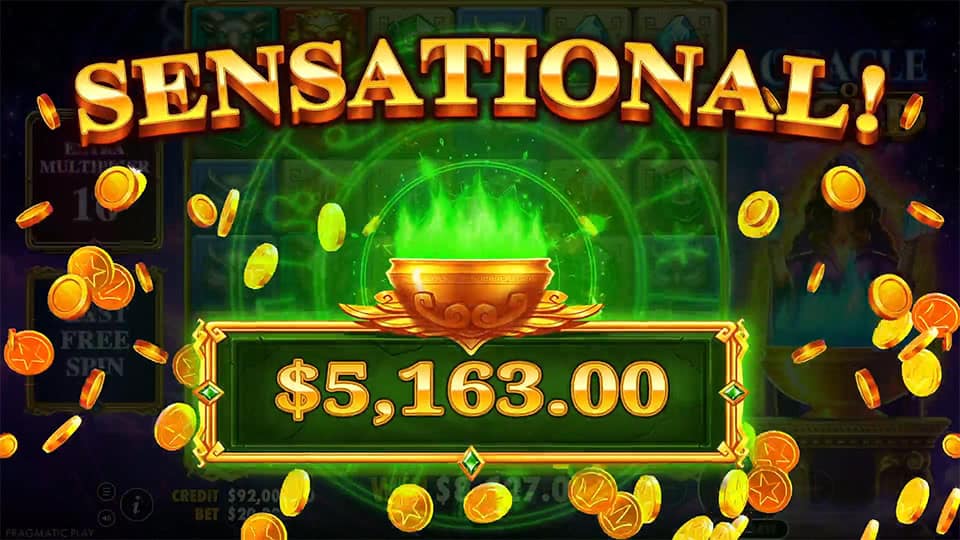 Sensational win banner showing $5,163.00 with golden coins flying around a glowing green bowl.